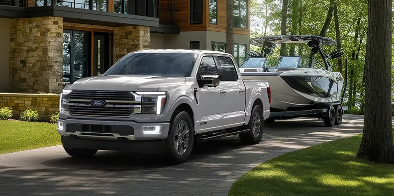 A silver 2026 Ford F-150 parked in a driveway with a boat hitched up to tow.